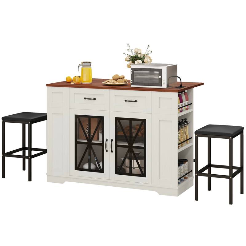 Moasis 3 PCS Kitchen Island Set with 2 Bar Stools,Moible Table with Drop Leaf & Power Outlet