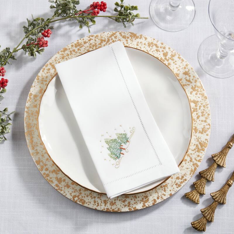 Embroidered Holiday Tree Cotton Napkins (Set of 6) - Hemstitch Border with Seasonal Tree Motif, 20"x20"