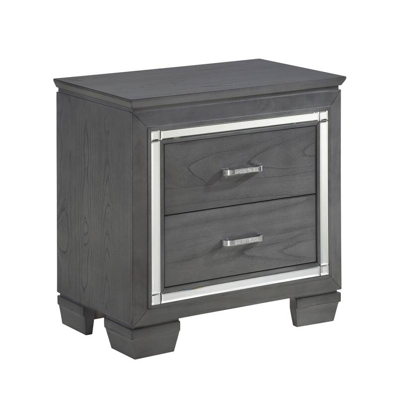 Glamorous Gray Nightstand, 2 Drawers, LED Lighting, Faux Crystals, Bar Pulls