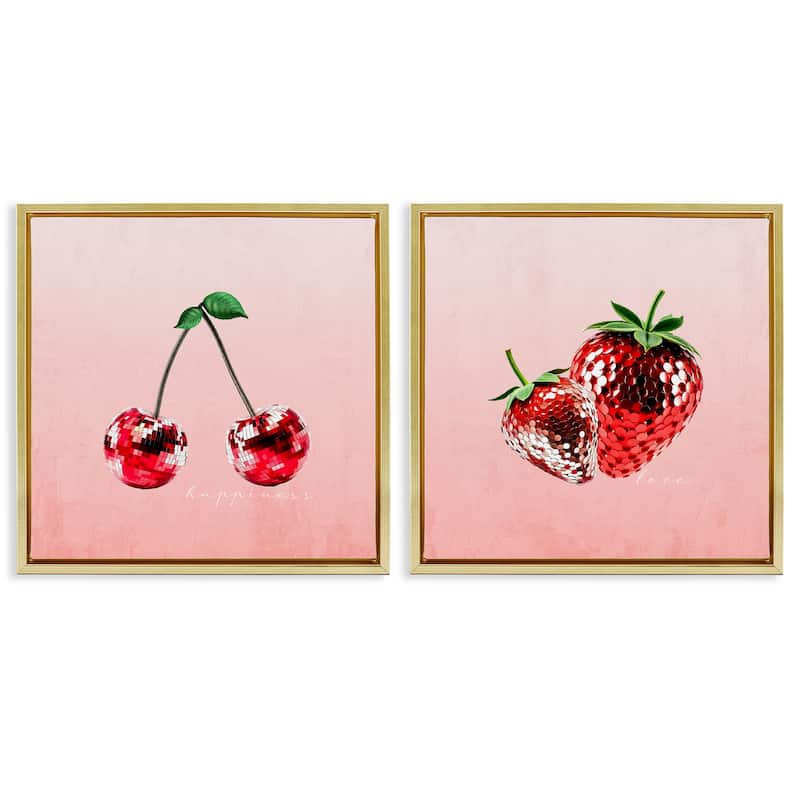 Stupell Happiness & Love Disco Fruits Framed Floater Canvas Wall Art Design By Kim Allen (Set of 2) - 25 x 25 - Gold