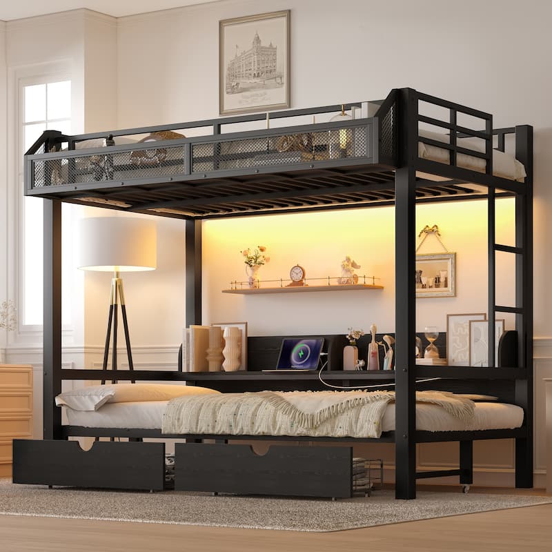 Twin XL over Twin XL Bunk Bed with Lower Bed Converted into Sofa, USB Ports, LED Lights, Storage Shelves and Underbed Drawers