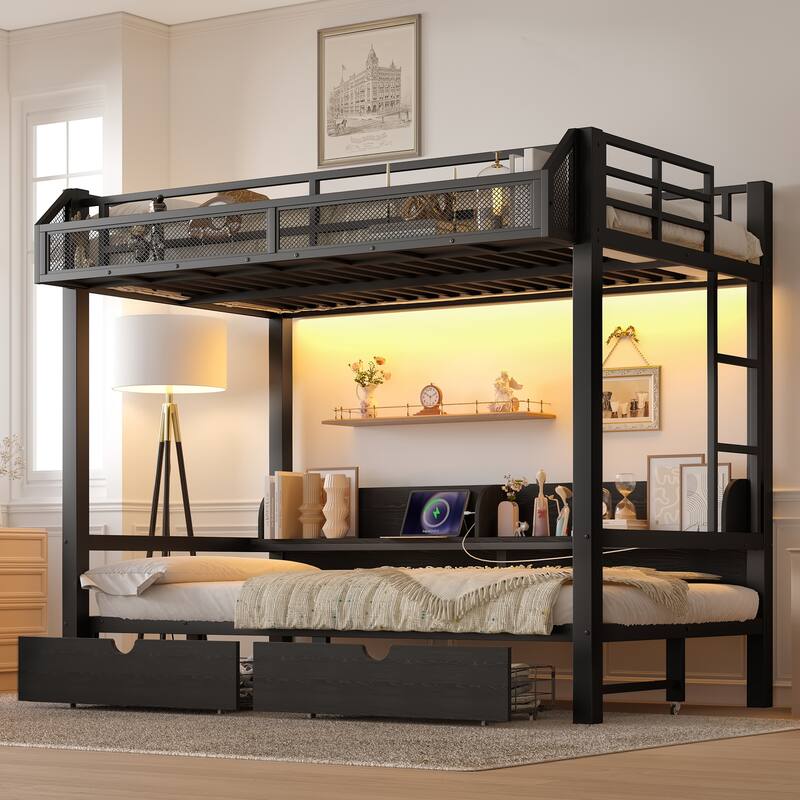 Twin XL over Twin XL Bunk Bed with Storage Shelves and Drawers,Multifunctional Metal Bunk Beds with USB Ports and LED Lights