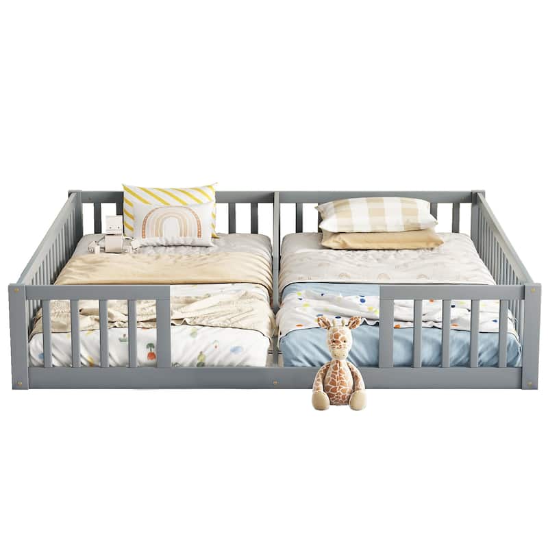 Twin Size Floor Bed with Fence, Guardrails, Without Door, Natural