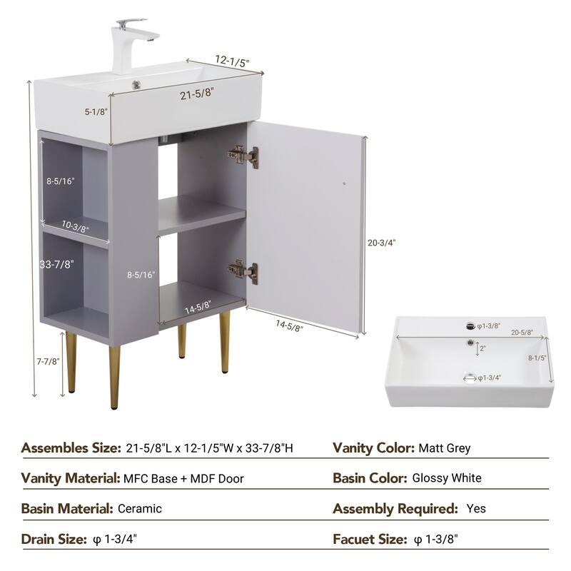 GDFStudio - Oliver 21.6" Open-Shelving Bathroom Vanity with Soft-Closing Door & Ceramic Sink