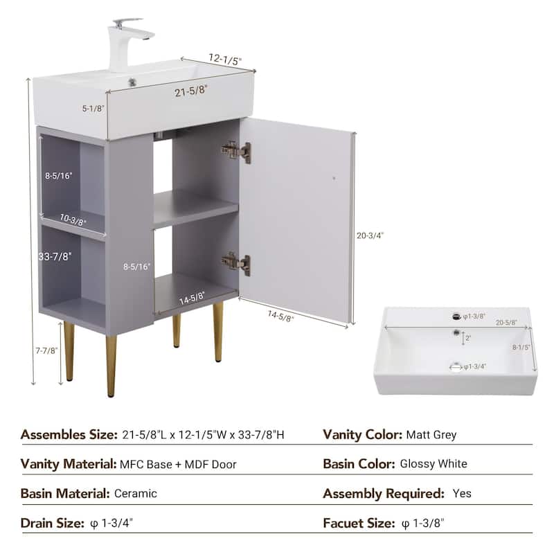 Small Bathroom Vanity with Sink, Narrow Depth Bathroom Vanities, Bathroom Cabinet with Open Side Shelves & Soft Closing Door