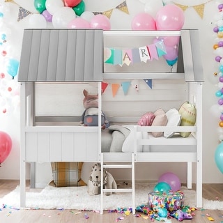 Elegant Twin Size Low Loft Wood House Bed with Two Side Windows, Superior Quality & Better Sleeping Environment, White+Grey