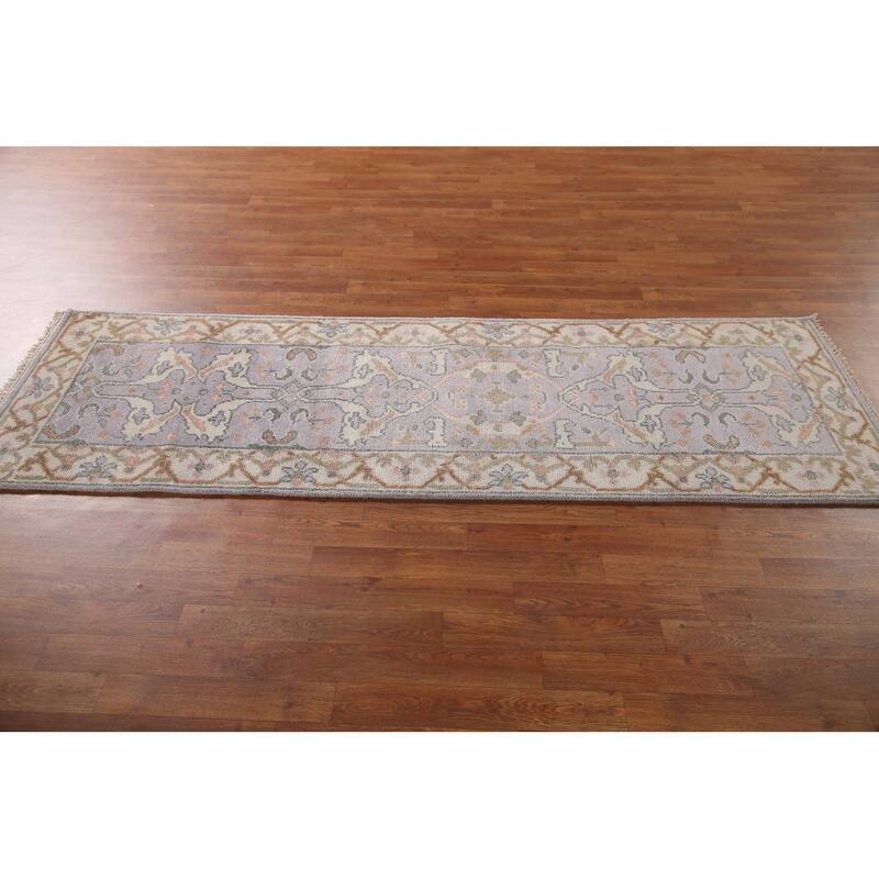 Floral Grey Oushak Runner Rug Hand-knotted Wool Carpet - 2'7"x 7'10"