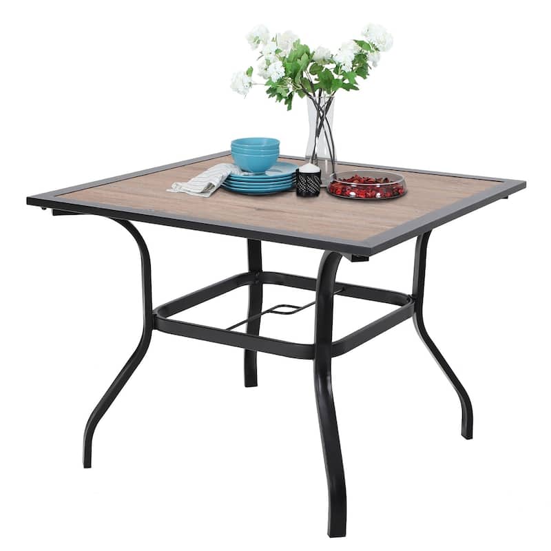 MAISON ARTS Wood-look Table and 4 Pattern Swivel Chairs with Cushion 5-Piece Metal Outdoor Patio Dining Set