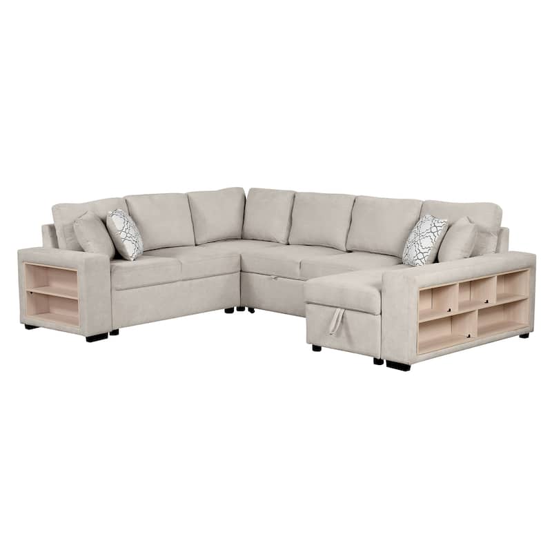 109" U-Shaped 6 Seater Convertible Sofa with Hidden Storage Chaise, Four Back Pillows, and Dual USB Ports