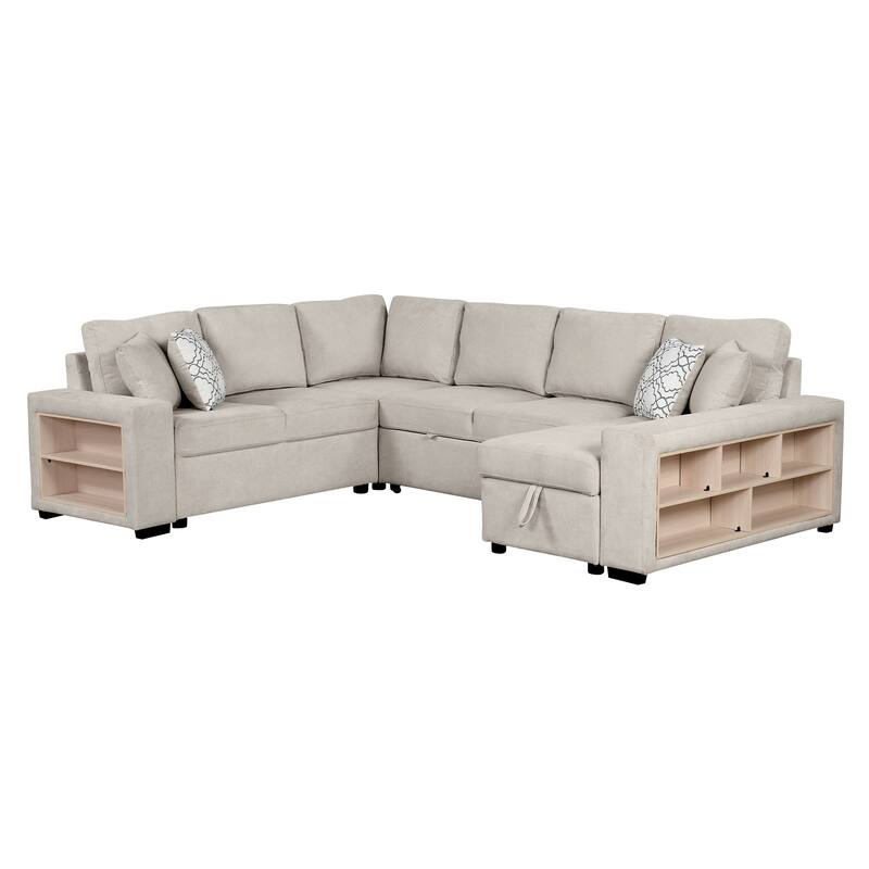 Beige 109" U-Shaped 6-Seater Sectional Sofa with Pull-Out Bed, Storage Chaise Lounge, 4 Back Pillows, and USB Charging Ports