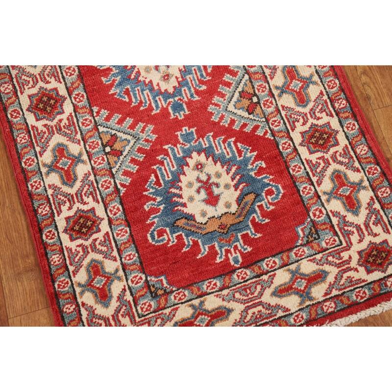 Geometric Kazak Oriental Rug Handmade Traditional Red Wool Carpet - 2'0" x 3'0"