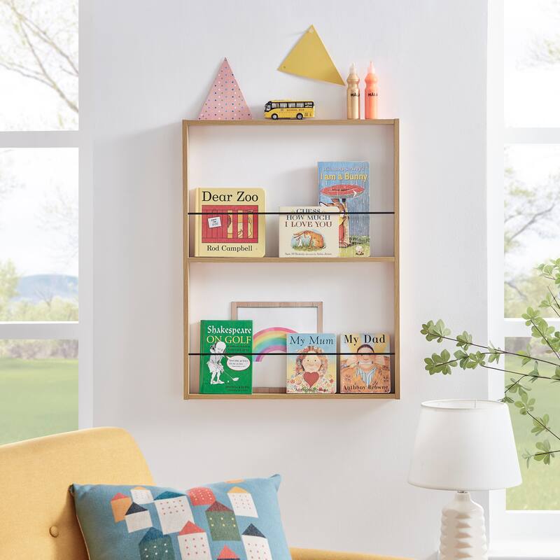 Danya B. Steiner Beech Square Modern 2-Tier Kids Wall Mounted Bookshelf with Contrasting Black Rods