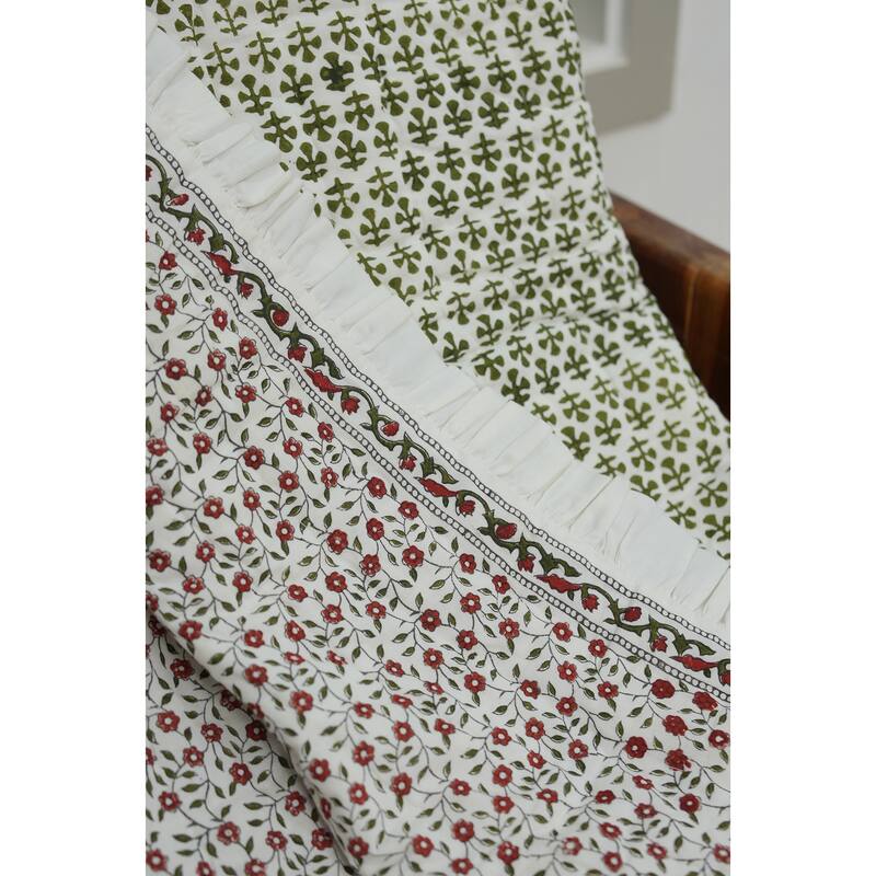 Fabdivine Handmade Cotton Quilt - Green Grey Floral Block Print, Reversible Layering Quilt, Artisan Bedspread, Heritage Textile