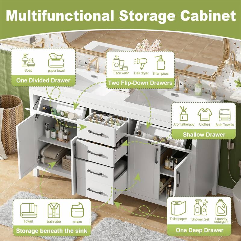 59.3" Modern Double Sink Bathroom Vanity with SMC Sinks, Solid Wood Frame, Soft-Close Doors & Drawers, Adjustable U-Shaped Shelf