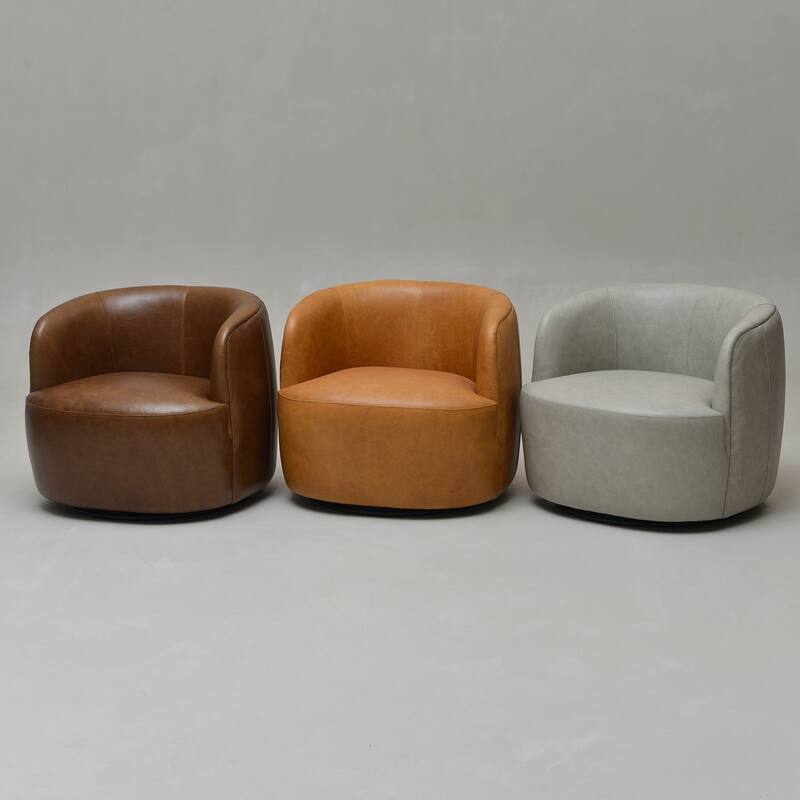 KINWELL 100% Top Grain Genuine Leather Swivel Armchair with Pillow