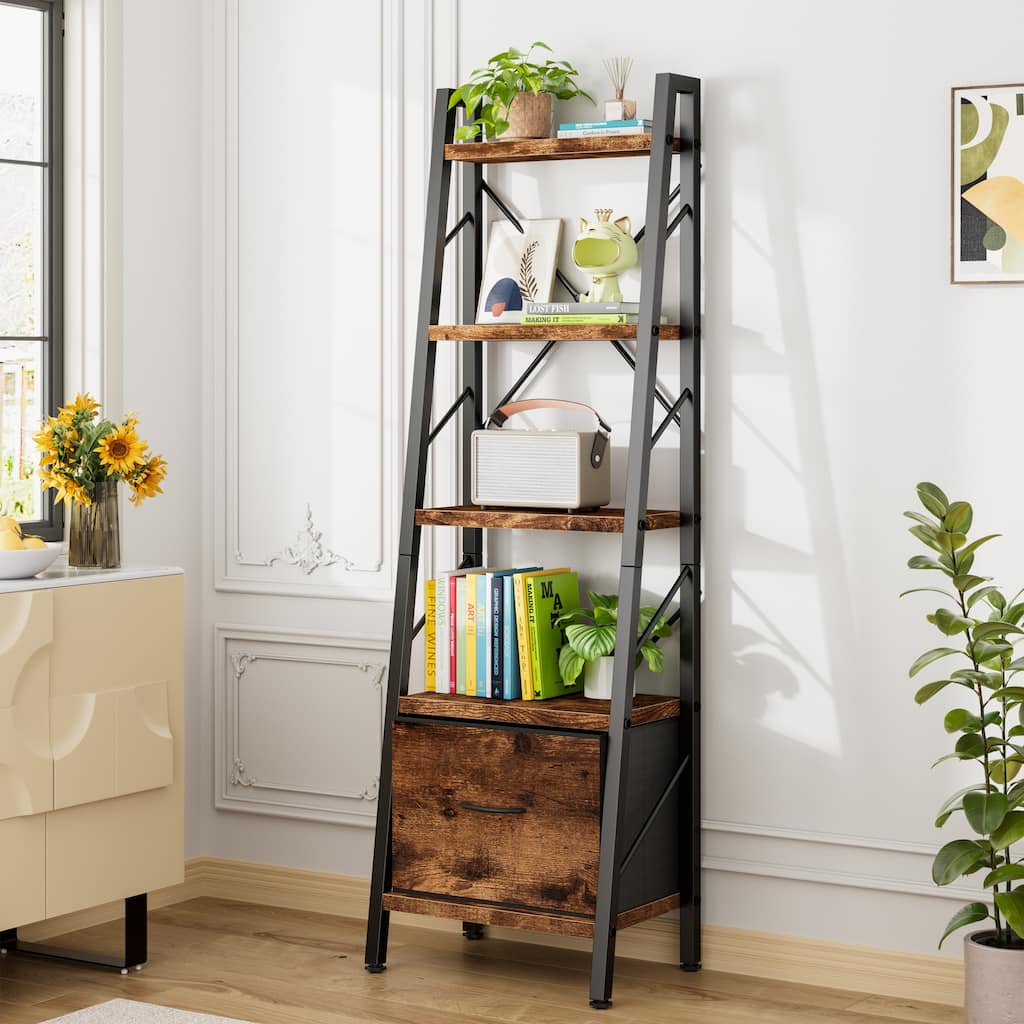 5-Tier Slanted Bookshelf with Fabric Drawer, Wood Storage Shelf