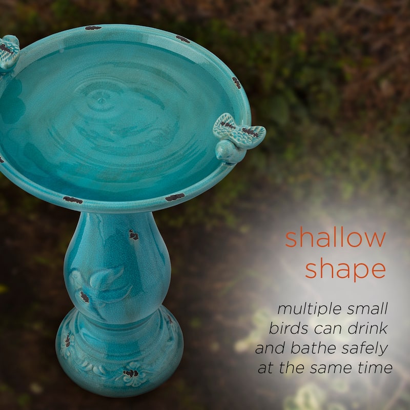 Alpine Corporation 25" Tall Turquoise Antique Ceramic Bird Bath with Two Birds