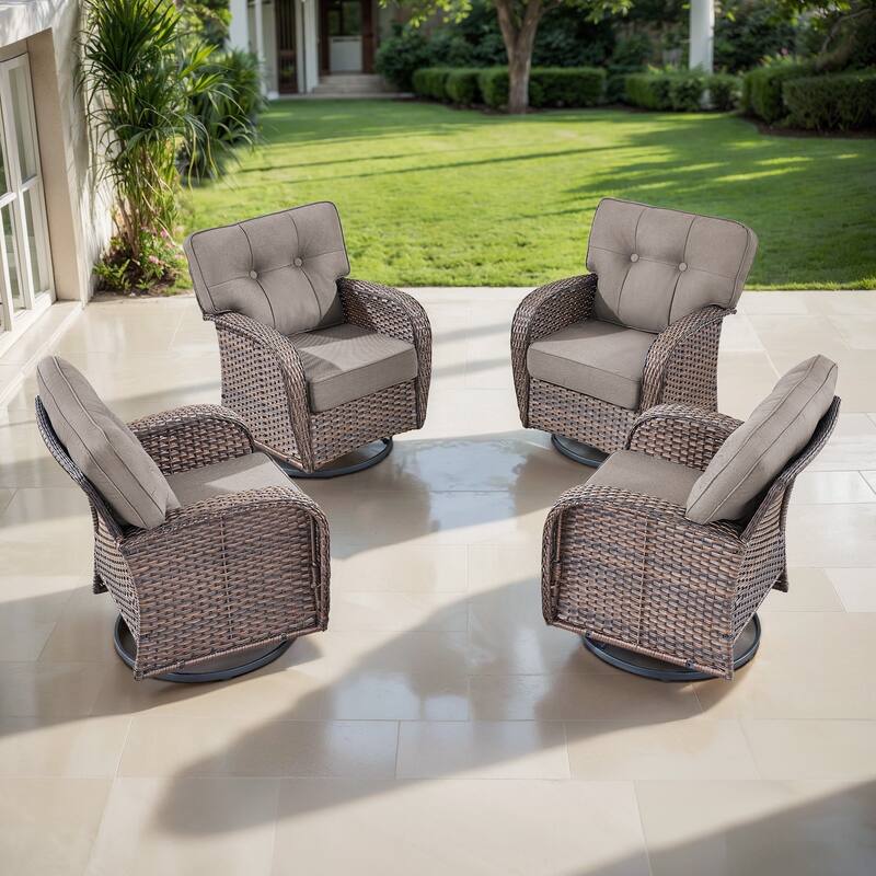 TWrap Brown Wicker Patio Swivel Glider Chairs with 5-Inch Thick Cushions (4-Pack) - Brown/Gray - 4-Piece
