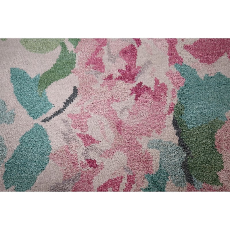 Handmade Abstract Indian Area Rug Beige Oriental Wool & Silk Carpet - 6'7"x 9'9"