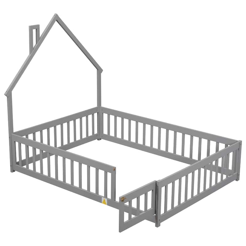 Twin House-Shaped Headboard Floor Bed with Fence, Fun & Safe Kids Bed