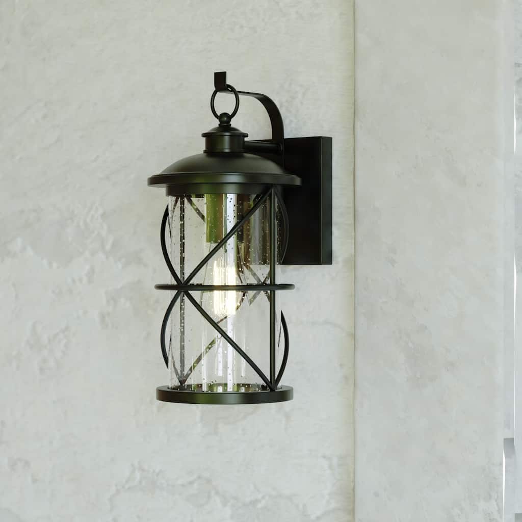 VAXCEL Adams 1-Light Black Dusk to Dawn Sensor Outdoor Wall Sconce, Durable Steel, Clear Seeded Glass Shade, LED Compatible