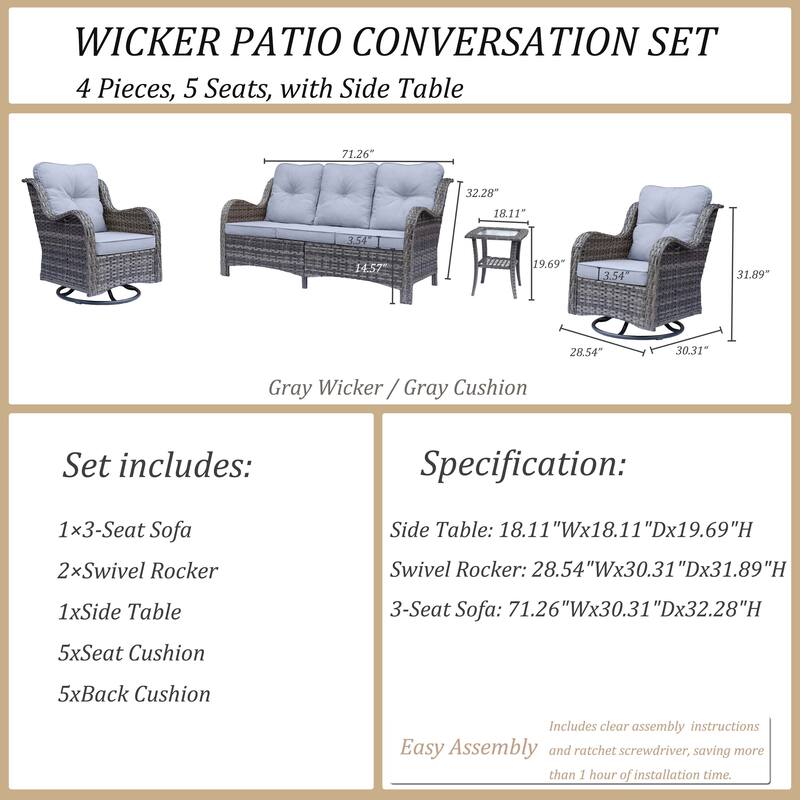 4 Piece Patio Furniture Seating Sofa Set with Swivel Chair and Cushion