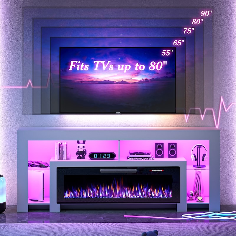 BOSSIN 82" Electric Fireplace TV Stand Entertainment Center, High Gloss with LED Lights, Holds TVs Up to 90 Inches, White