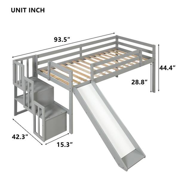 dimension image slide 0 of 2, Twin Size Pine Wood Loft Bed with Staircase, Storage, Slide, Full-length Safety Guardrails