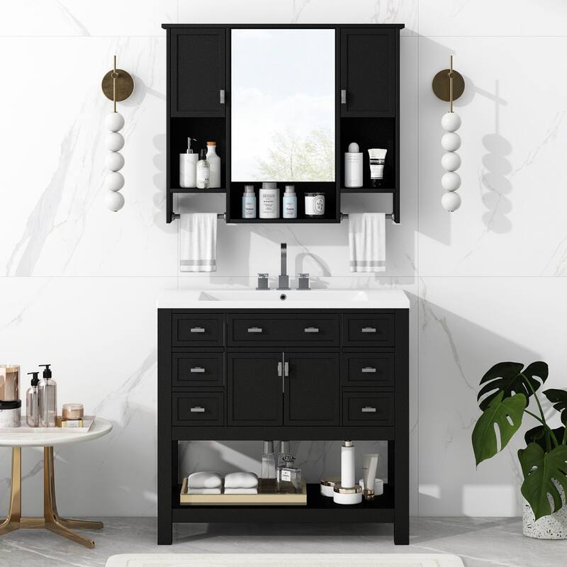 36"Freestanding Bathroom Vanity with Ceramic Sink and Mirror Cabinet