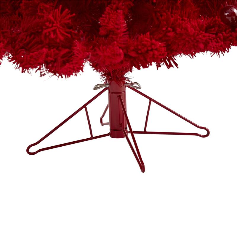 6' Pre-Lit Red Flocked Artificial Christmas Tree, Warm Clear LED Lights - 6 Foot