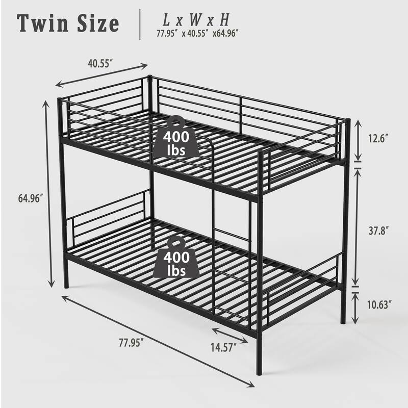 GDFStudio - Able to Split Twin Size Metal Bunk Bed Twin Over Twin with Ladder and high Guardrail
