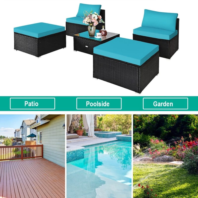 5 Pieces Wicker Lounge Chair Set with Washable Zippered Cushions - 26" x 26" x 13.5" (L x W x H)