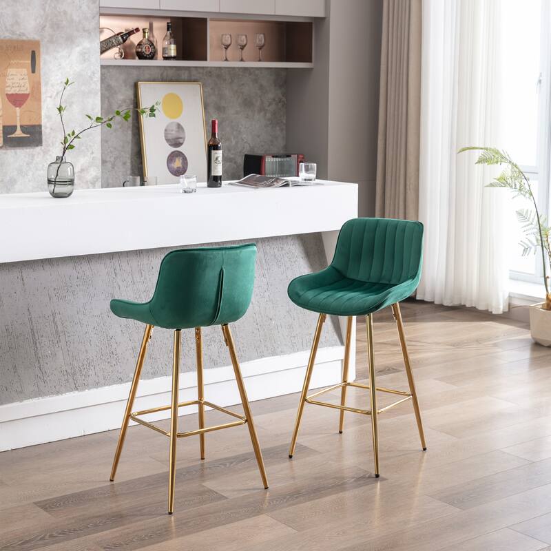 2 Bar Stools with Chrome Footrest Velvet Fabric Counter Stool Golden Leg Simple Bar Stool - N/A