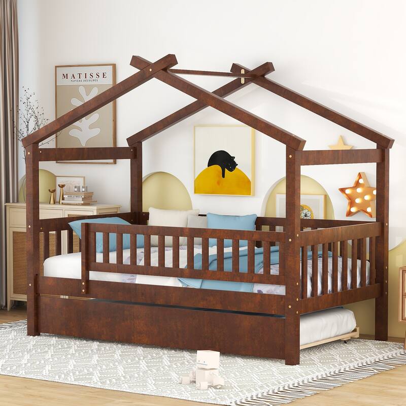 Space-Saving Twin House Bed with Trundle, Imaginative Design for Kids Room