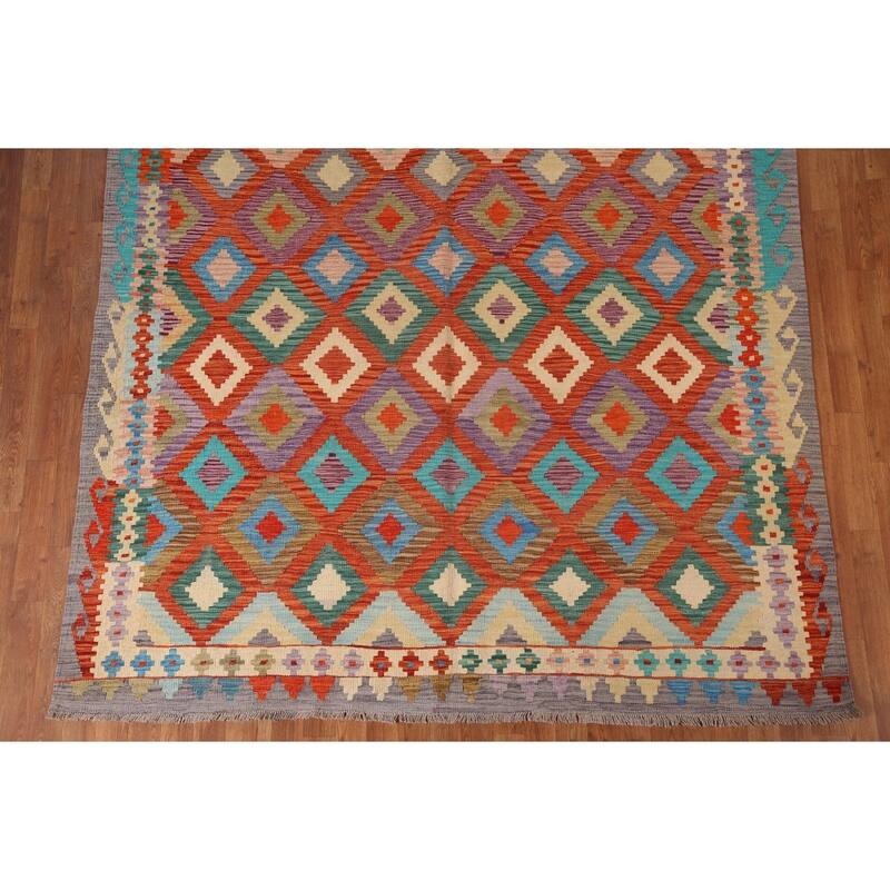 Hand Woven Oriental 100% Wool Carpet Southwestern Geometric Oranges & Rust Kilim Area Rug - 9' 11'' X 6' 10''