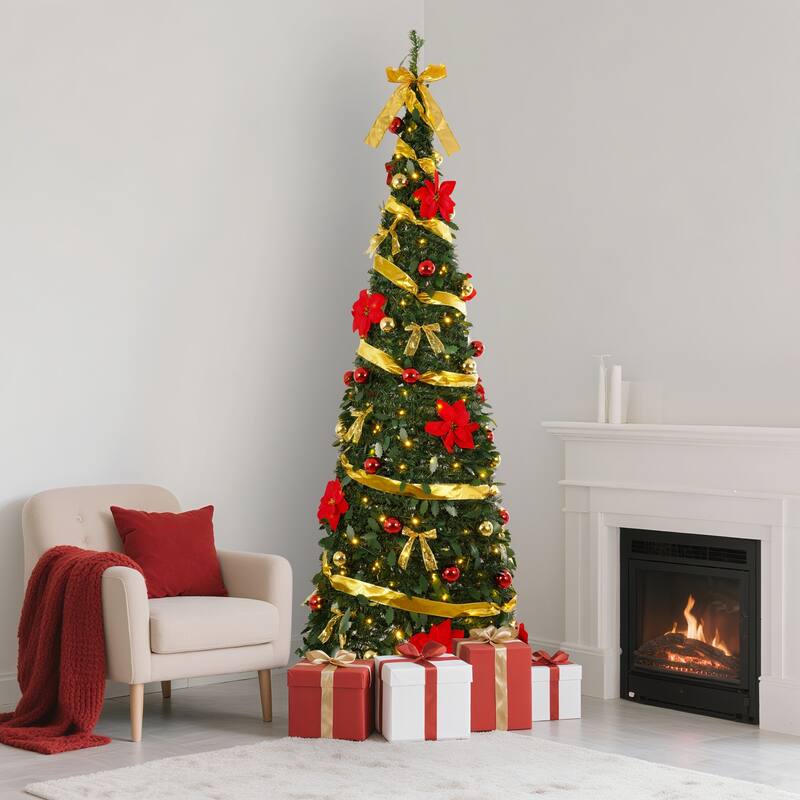 6FT & 7FT Pop Up Artificial Christmas Tree with Red and Gold Ornaments Warm Lights - N/A