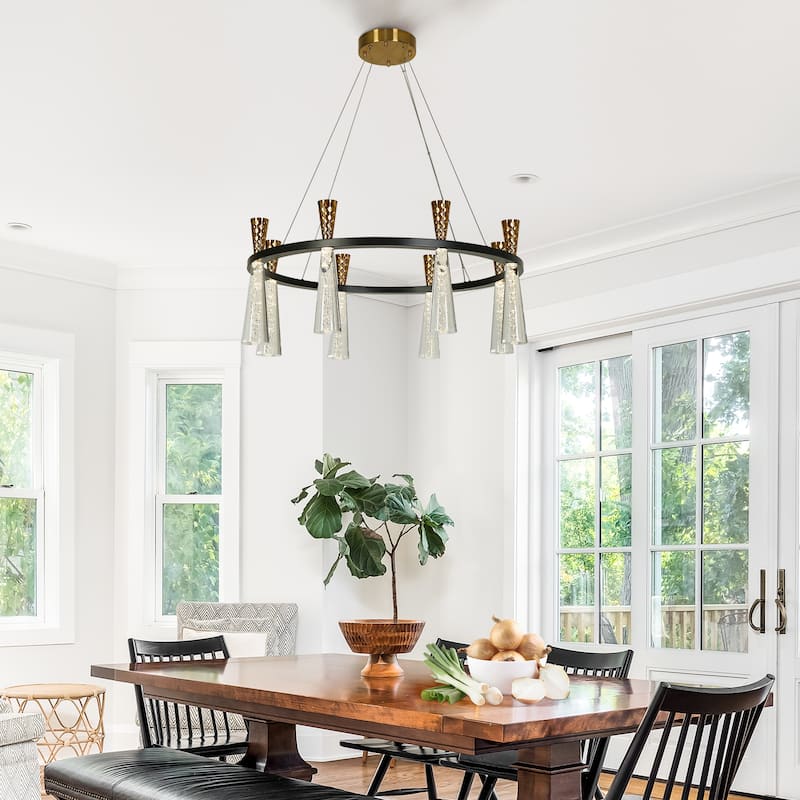 Mid-Century Modern 8-Light LED Wheel Chandelier for Dining Room - Dia. 32.7" x H 13.3"
