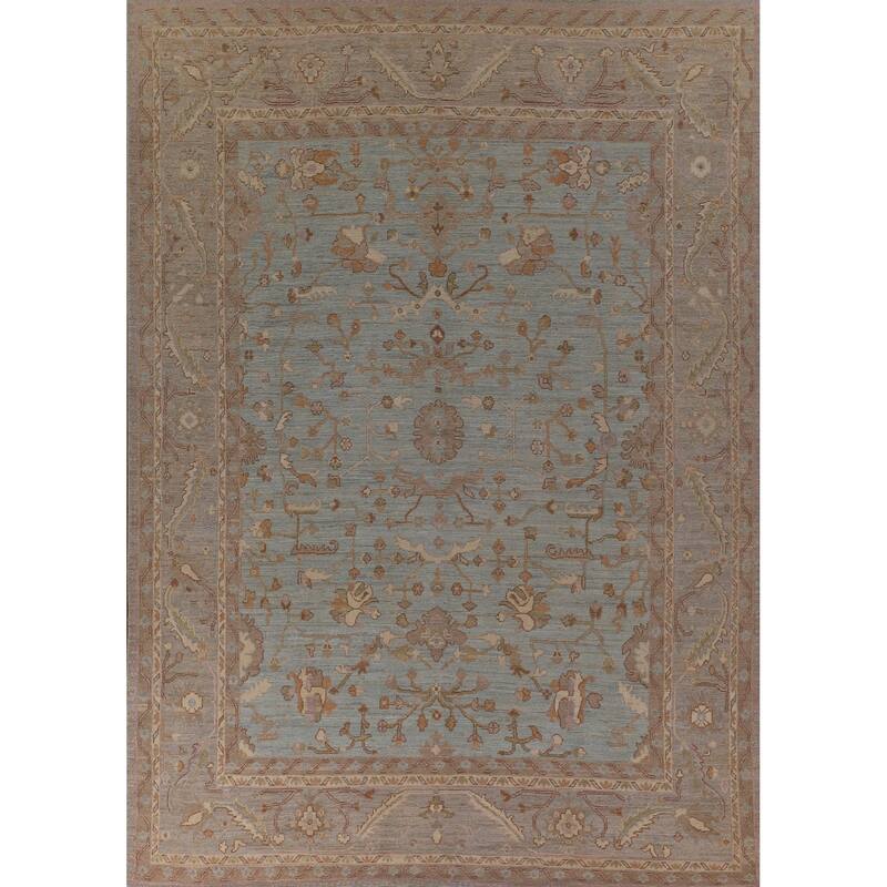 Light Blue Vegetable Dye Oushak Turkish Rug Hand-Knotted Wool Carpet - 9'1" x 11'11"