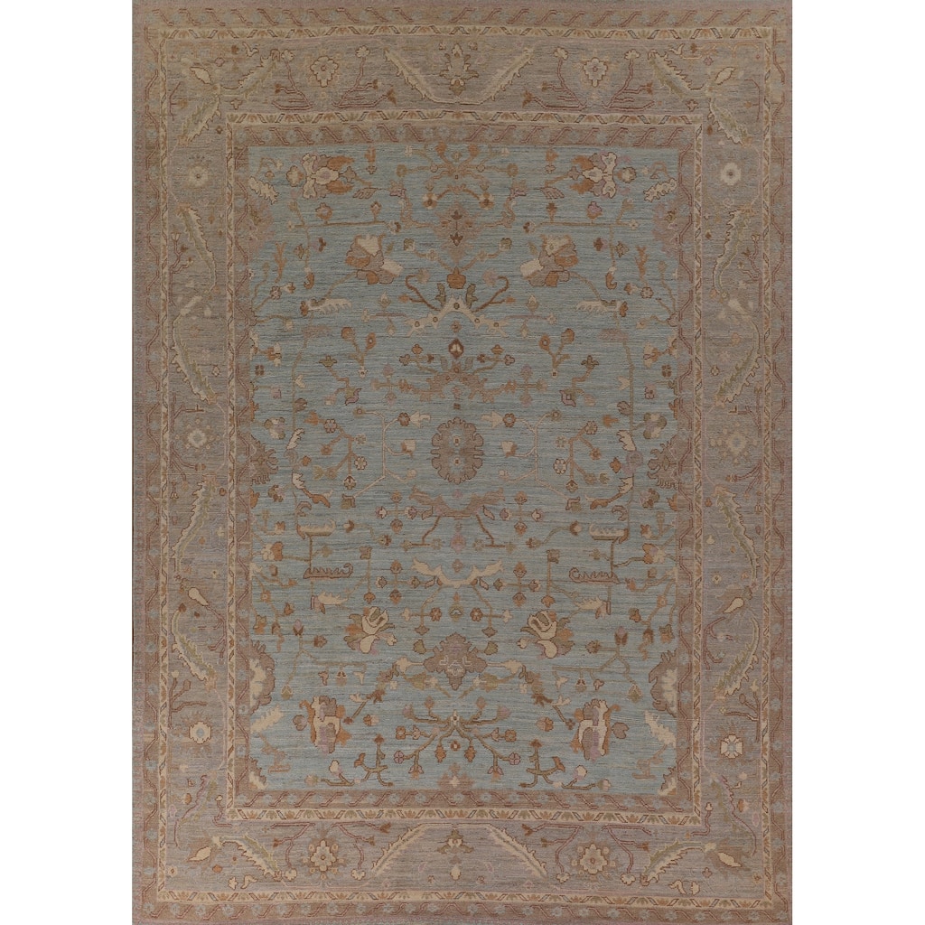Light Blue Vegetable Dye Oushak Turkish Rug Hand-Knotted Wool Carpet - 9'1" x 11'11"