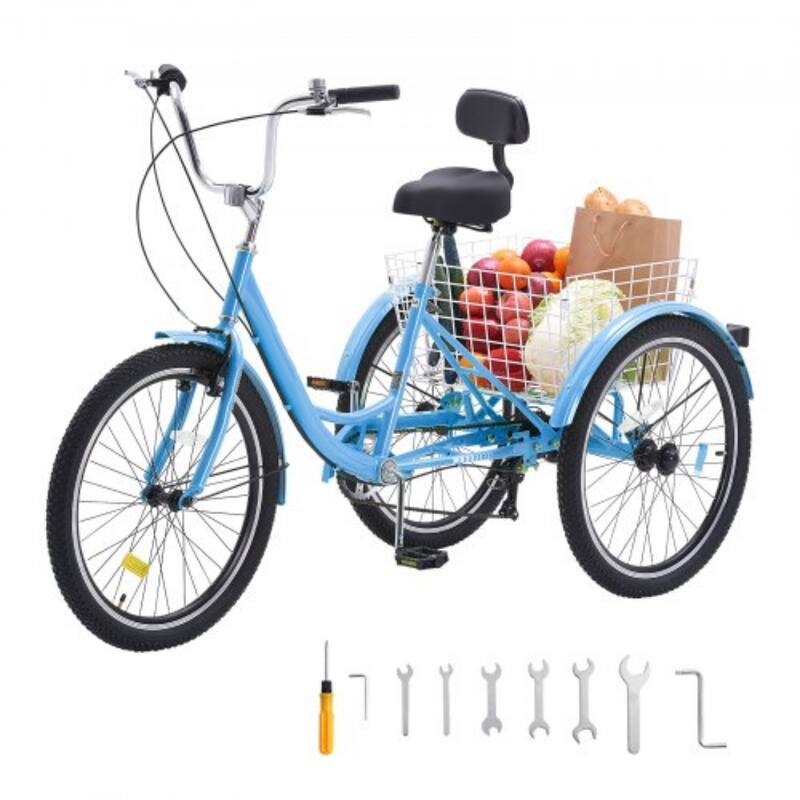 Blue Carbon Steel Tricycle with Basket, Comfort Seat and Stable Ride - 64.2” L x 25.8” W x 40.2” H