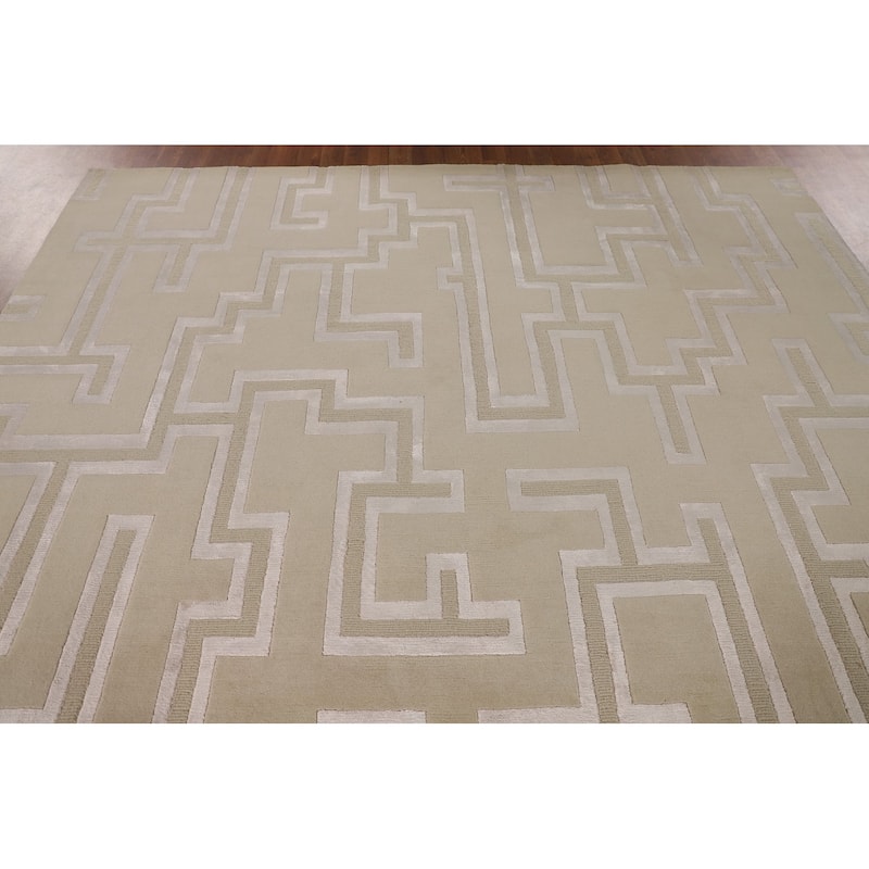 Geometric Nepalese Oriental Area Rug Handmade Wool Carpet Beige - 8'1" x 9'11"
