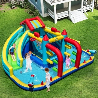 Outdoor Inflatable Castle w/Double Long Slide & Climbing Wall