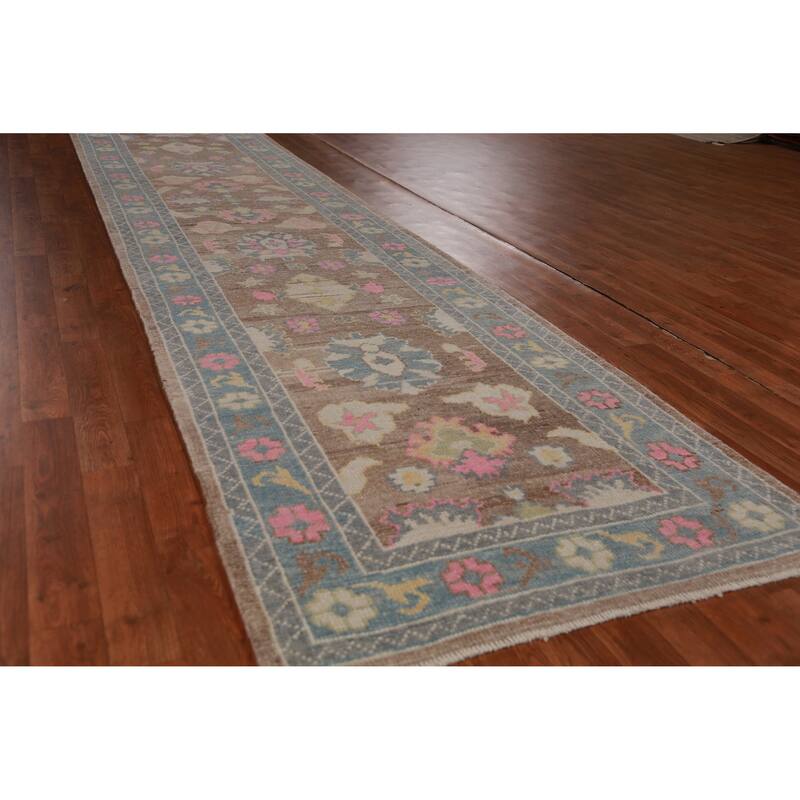 Hand Knotted Oriental 100% Wool Carpet Transitional Floral Brown Oushak Runner Rug - 14' 11'' X 3' 2''