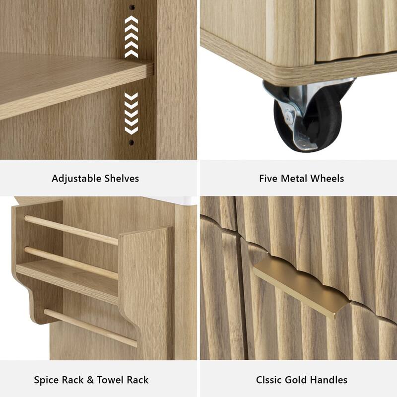 55.5" Fluted Storage Kitchen Island with Drop Leaf and Power Outlet and 3 Drawers