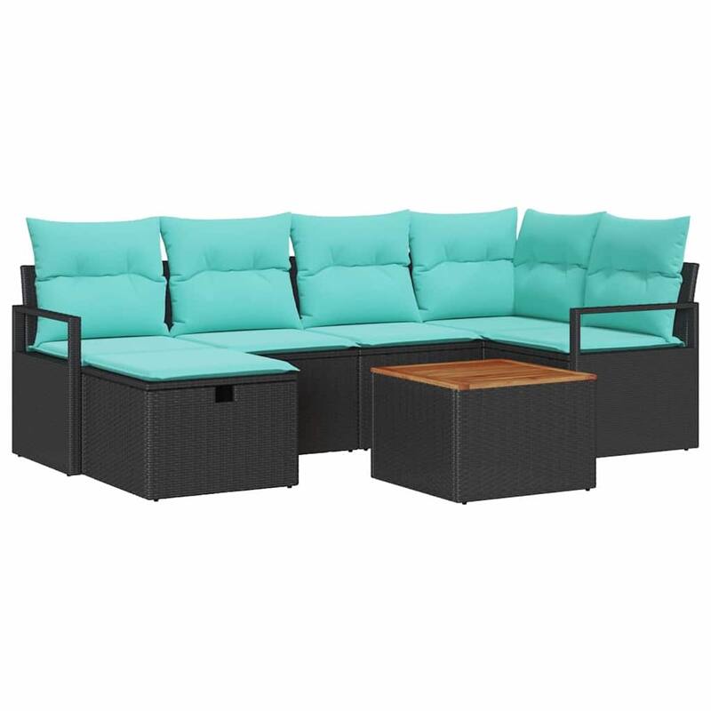vidaXL 7 Garden Sofa Set with Cushions Black/Grey Poly Rattan - 91.3 x 48 x 27.2