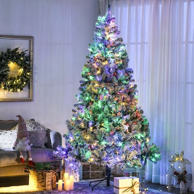 7.5ft Snow Flocked Artificial Xmas Tree with Warm and Colorful LED Lights