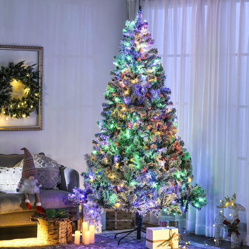 HOMCOM 7.5ft Tall Prelit Artificial Christmas Tree Holiday Décor with 1149 Snow Flocked Branches, Steel Base - 7.37 ft - 7.5 Foot