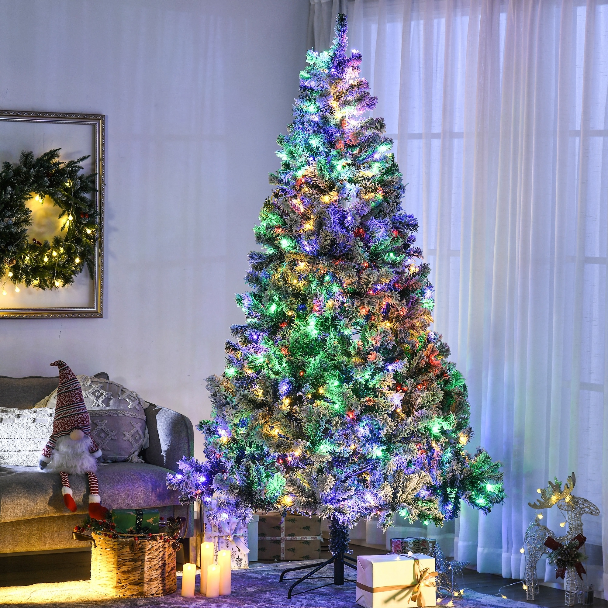 HOMCOM 7.5ft Tall Prelit Artificial Christmas Tree Holiday Décor with 1149 Snow Flocked Branches, Steel Base - 7.37 ft
