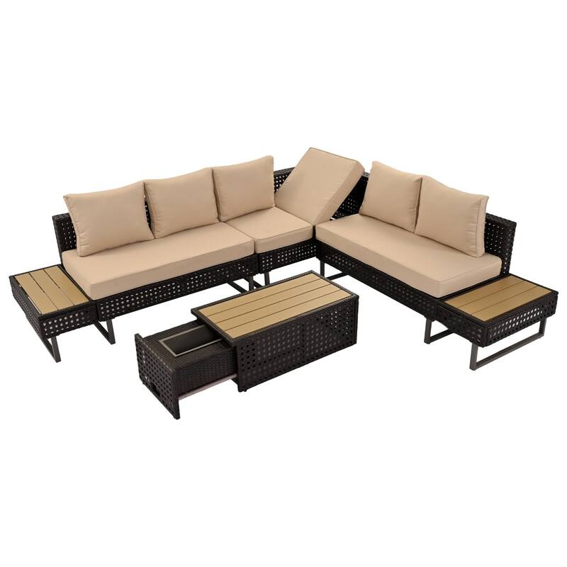 5-Piece Weave Patio Sectional Furniture Set with Extendable Coffee Table with Ice Bucket