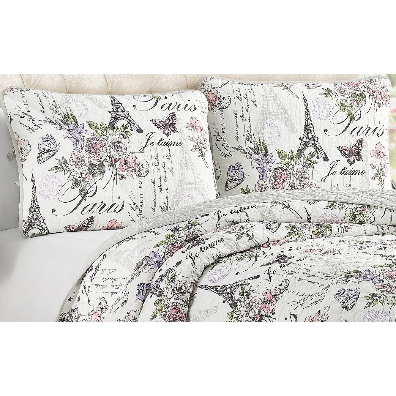 Paris Floral Pink Cotton 3 Piece Reversible Quilt Set Bed Bath Beyond 32081887
